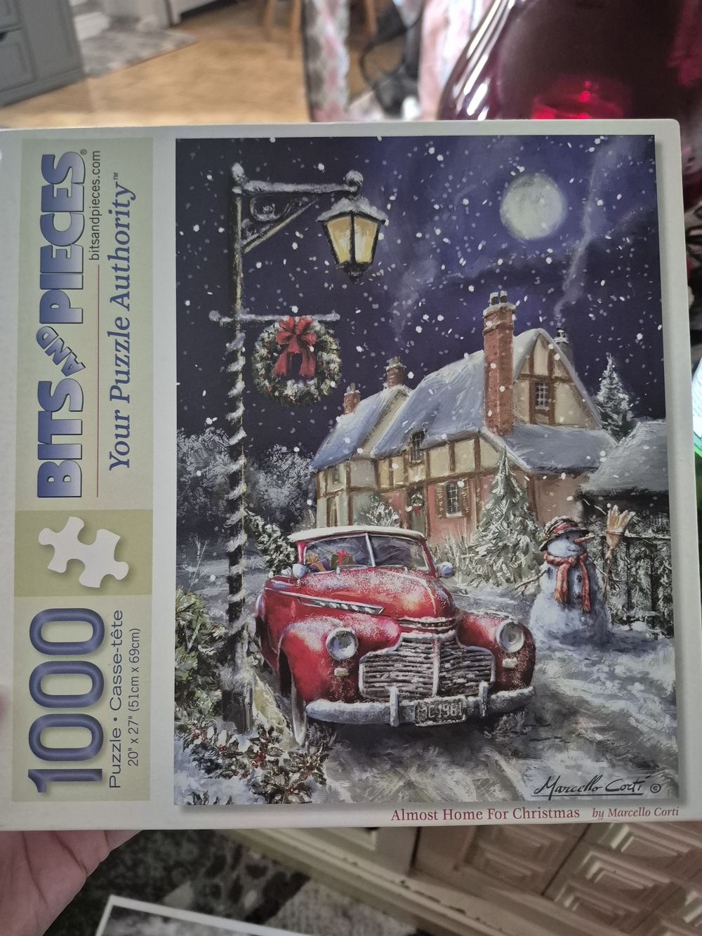 BITS and PIECES 1000-Piece Jigsaw Puzzle - Red Vintage Car Winter Scene